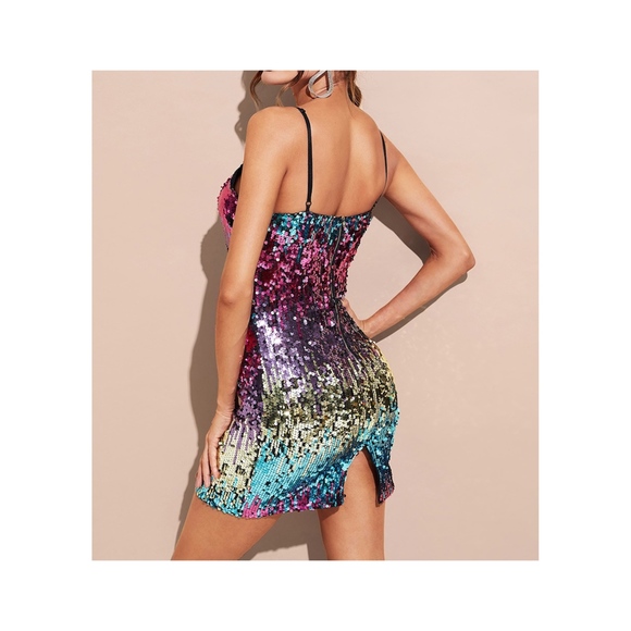 Multicolor Pink Bodycon Sequin Cocktail Dress - Picture 4 of 8